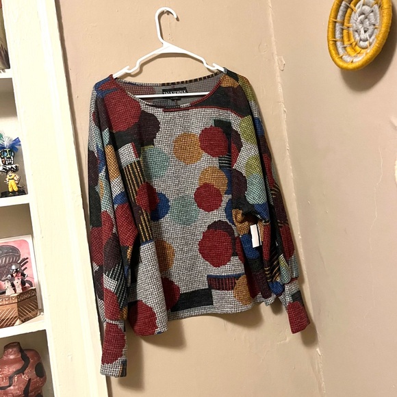 🏷️ talk of the walk • gray multicolor circle dot abstract knit pullover sweater - Picture 8 of 14